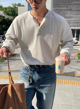 韩国男装代购直播PLANB华夫格亨利领设计落肩慵懒宽松秋季长袖T恤
