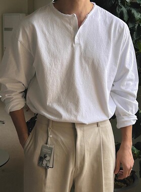 韩国东大门代购Woogie春季水洗棉复古做旧亨利领宽松长袖T恤衫男