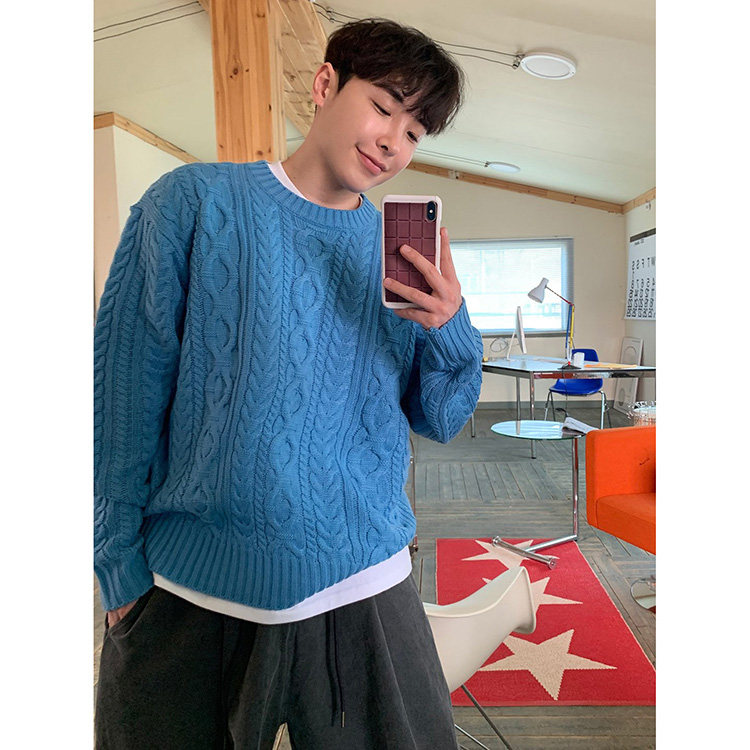 韩国东大门代购秋冬时尚个性设计师麻花纹百搭宽松休闲套头毛衣男