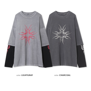 ANAN韩国男装东大门代购秋新款做旧破损美式圆领宽松落肩T恤卫衣