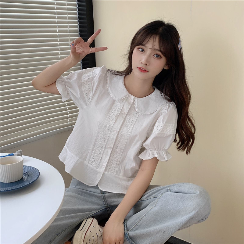 Real picture real price baby collar lace splicing short shirt