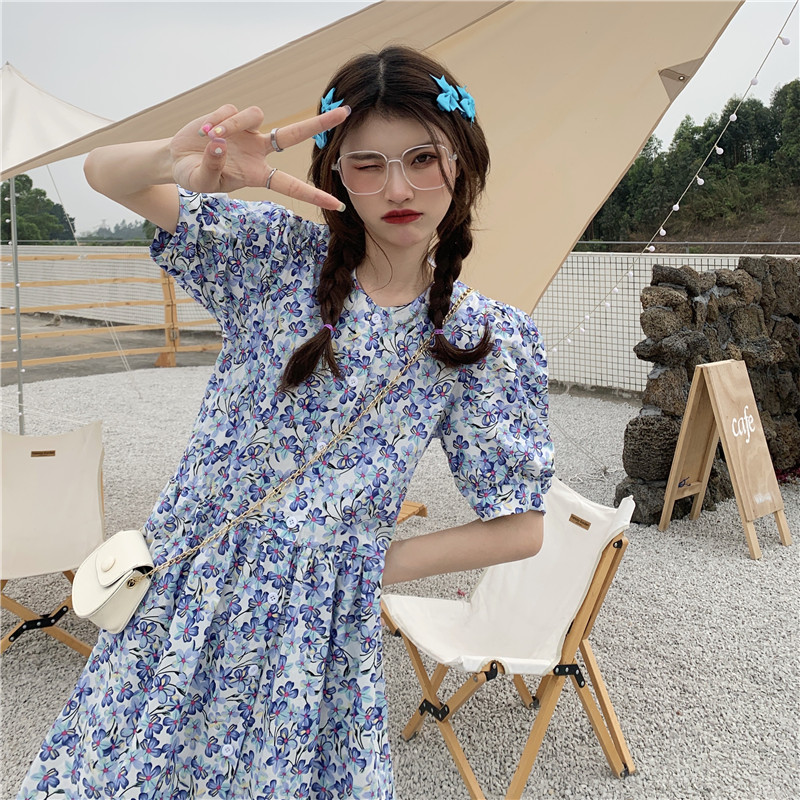 Real price bubble sleeve slim Floral Dress