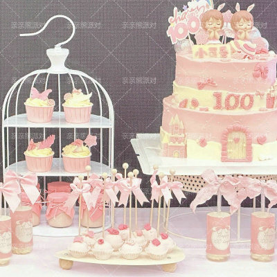 粉色甜品台装饰蝴蝶结推推乐贴纸女孩周岁百日100天生日蛋糕插件