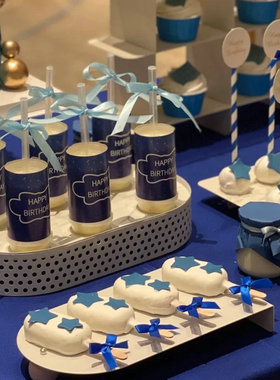 蓝色甜品台蛋糕装饰男孩生日快乐推推乐贴纸男生成人礼纸杯插件