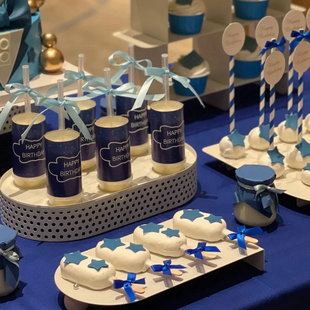 蓝色甜品台蛋糕装 饰男孩生日快乐推推乐贴纸男生成人礼纸杯插件