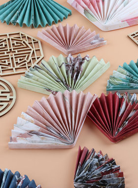 古风书法折扇绿色复古扇子蛋糕插件叶纹扇绣球扇国风青花瓷木棉扇