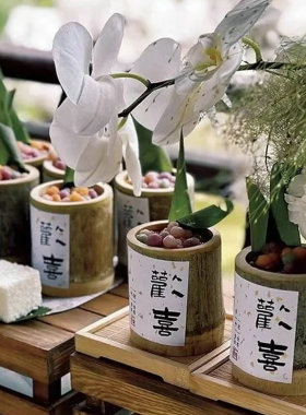 中式周岁甜品台装饰一岁生日蛋糕插牌绿色国风竹筒杯平安喜乐贴纸