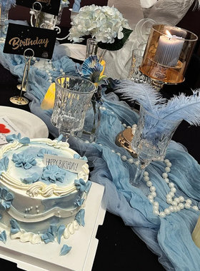 酒店餐厅氛围装饰高级轻奢蓝色褶皱餐桌布生日派对婚庆宴会网纱布