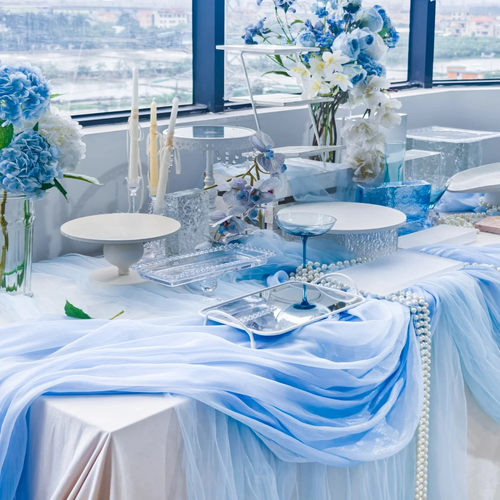 蓝色甜品台氛围感装饰褶皱网纱布
