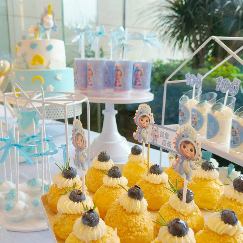 蓝色系龙宝宝周岁生日蛋糕装饰摆件男孩女孩生肖龙甜品台烘焙插件