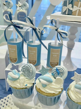 宝贝周岁百天蓝色系生日甜品台装饰烘焙蛋糕纸杯推推乐贴纸插件