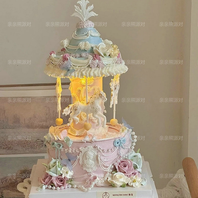 复古韩式婚礼生日蛋糕装饰烘焙摆件双层悬浮自动旋转木马展示架子