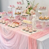 创意粉色浪漫婚礼生日派对甜品台氛围感场景布置桌布桌旗复古纱幔