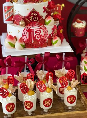 红色祝寿甜品台装饰中国风主题寿字蛋糕插件生日通用节日福字贴纸