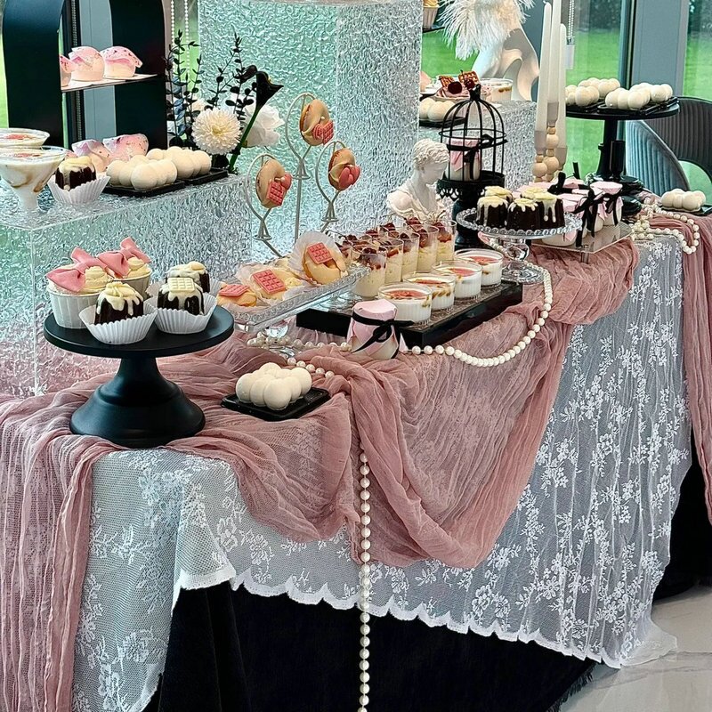 压皱桌旗皱布素色纱布半透明桌巾婚礼生日派对甜品台装饰餐桌布