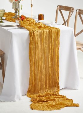 姜黄色法式蕾丝皱布桌旗轻奢高端波西米亚风婚礼装饰纱布褶皱桌布