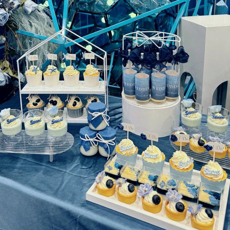 蓝色系甜品台婚礼生日推推乐筒贴纸烘焙插件蛋糕纸杯布丁杯慕斯杯