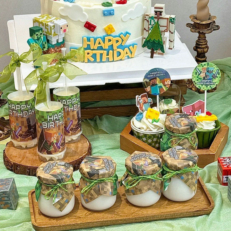 我的世界积木人偶蛋糕装饰品插牌儿童生日甜品台插件推推乐布丁纸