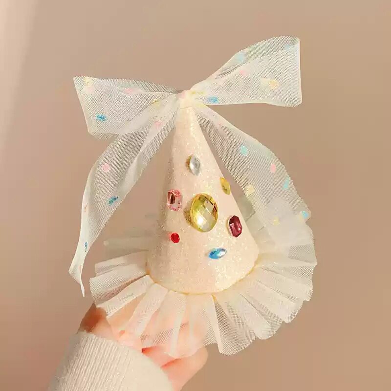 女童公主风宝石派对帽发夹卡通网纱蝴蝶结女孩生日帽氛围感头饰