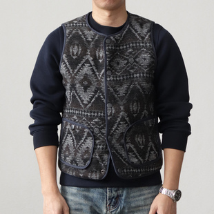 费尔岛花纹马甲男双面穿短款 复古夹棉内胆保暖菱格背心外套男 美式