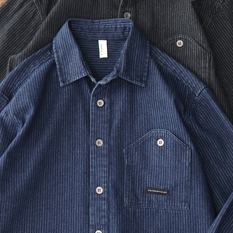 水洗款竖条纹牛仔衬衫外套