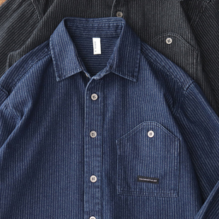 男外套 牛仔衬衫 竖条纹水洗做旧春秋日系复古重磅加厚工装 休闲长袖