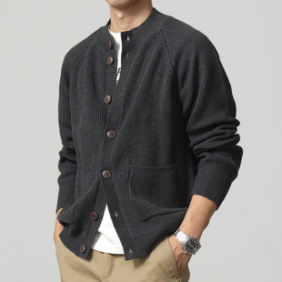 外套立领秋冬款 复古针织毛衣开衫 休闲重磅加厚羊毛混纺插肩袖 美式