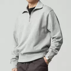 Heavyweight Pure Cotton Half-Zip Sweatshirt for Men, American Retro Style, Solid Color, Loose Fit, Casual Lapel Biker Jacket, Thickened for Spring and Autumn