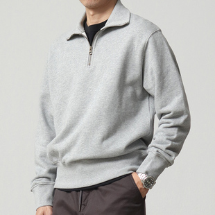 重磅纯棉半拉链卫衣男美式 复古纯色宽松休闲翻领机车春秋加厚外套