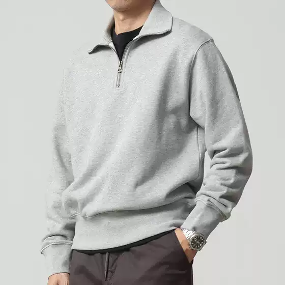 Heavyweight Pure Cotton Half-Zip Sweatshirt for Men, American Retro Style, Solid Color, Loose Fit, Casual Lapel Biker Jacket, Thickened for Spring and Autumn