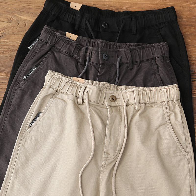 春秋新款直筒休闲裤男美式休闲卡其弹力老爹裤松紧腰抽绳长裤子男