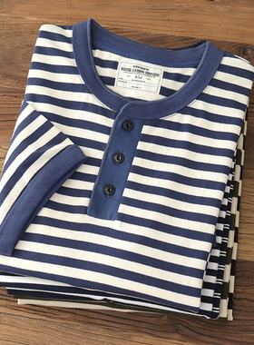 阿美咔叽海魂亨利衫美式复古纯棉重磅宽松休闲条纹T恤男短袖夏季