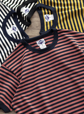 复古海魂衫短袖TEE情侣重磅针织粗纱纯棉红蓝黑白黄色条纹t恤男女