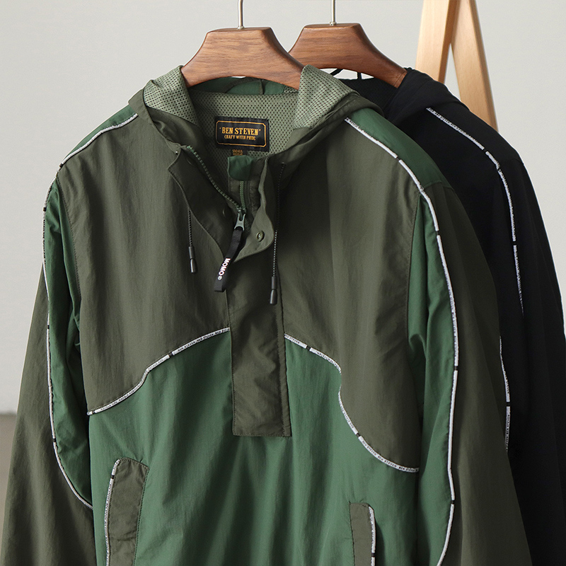 春秋新款拼色半拉链连帽外套男