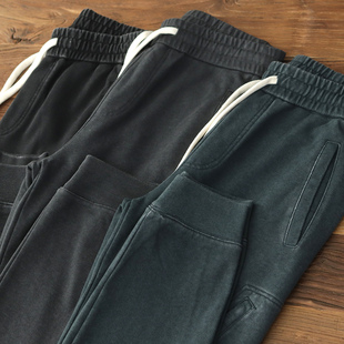 秋冬 加厚水洗做旧复古松紧腰运动休闲束脚裤 重磅纯棉抓绒卫裤 男士