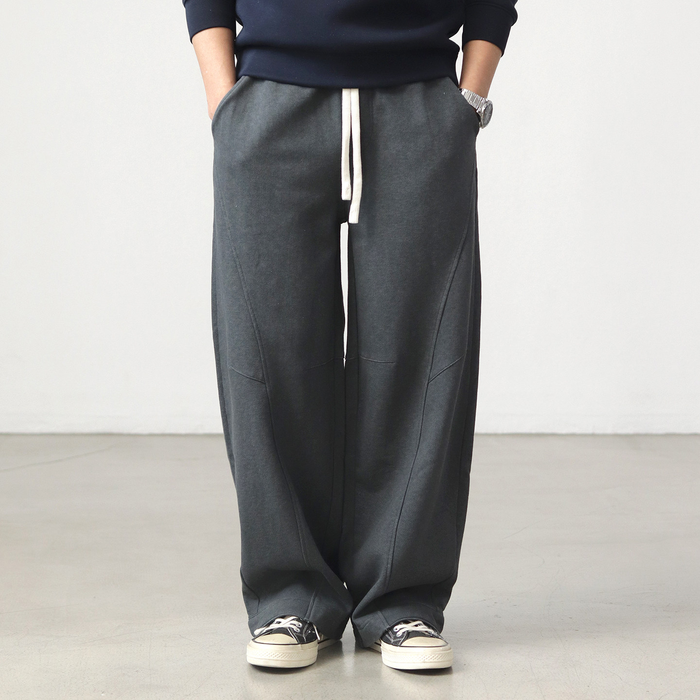 重磅纯棉阔腿裤男士宽松直筒松紧腰抓绒水洗做旧复古休闲卫裤秋冬