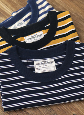 阿美咔叽复古海魂衫体恤纯棉男t短袖撞色打底衫黄色蓝白条纹t恤男