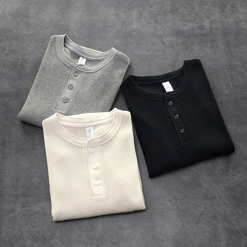 高品质复刻素色型男华夫格亨利衫