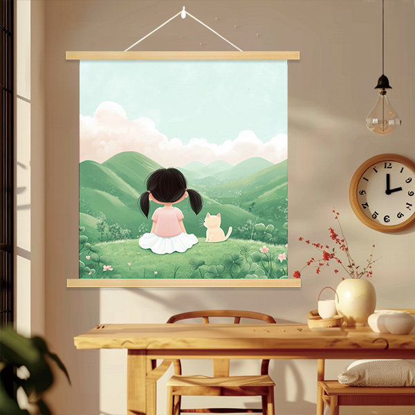 小清新女孩猫咪治愈系挂画电表箱装饰画遮挡遮丑壁画床头卧室民宿图片