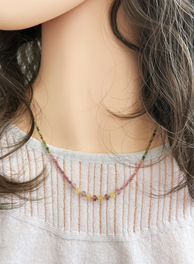 原创手作饰品『彩汐』天然彩虹碧玺渐变萤石小众清新新中式项链