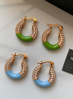满钻锆石滴釉金色耳环女款秋冬圆圈圈绿色耳饰轻奢小众高级感气质