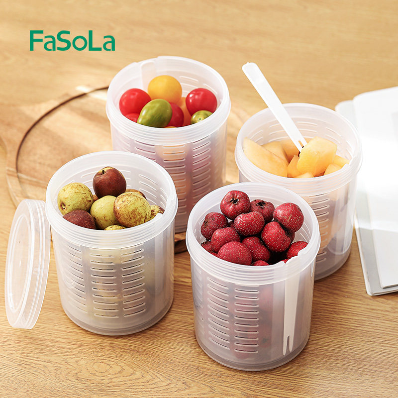 日本FaSoLa便携水果储物盒双层沥水食品级塑料保鲜收纳盒带小叉子