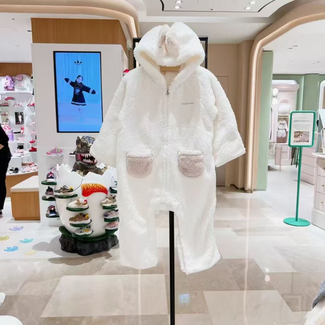 出口韩国新款童装男女宝宝冬款绒绒连帽连体衣外出爬服90-100