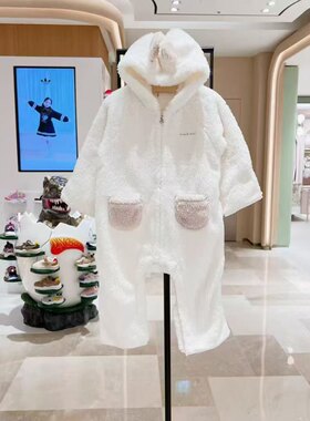 出口韩国新款童装男女宝宝冬款绒绒连帽连体衣外出爬服90-100