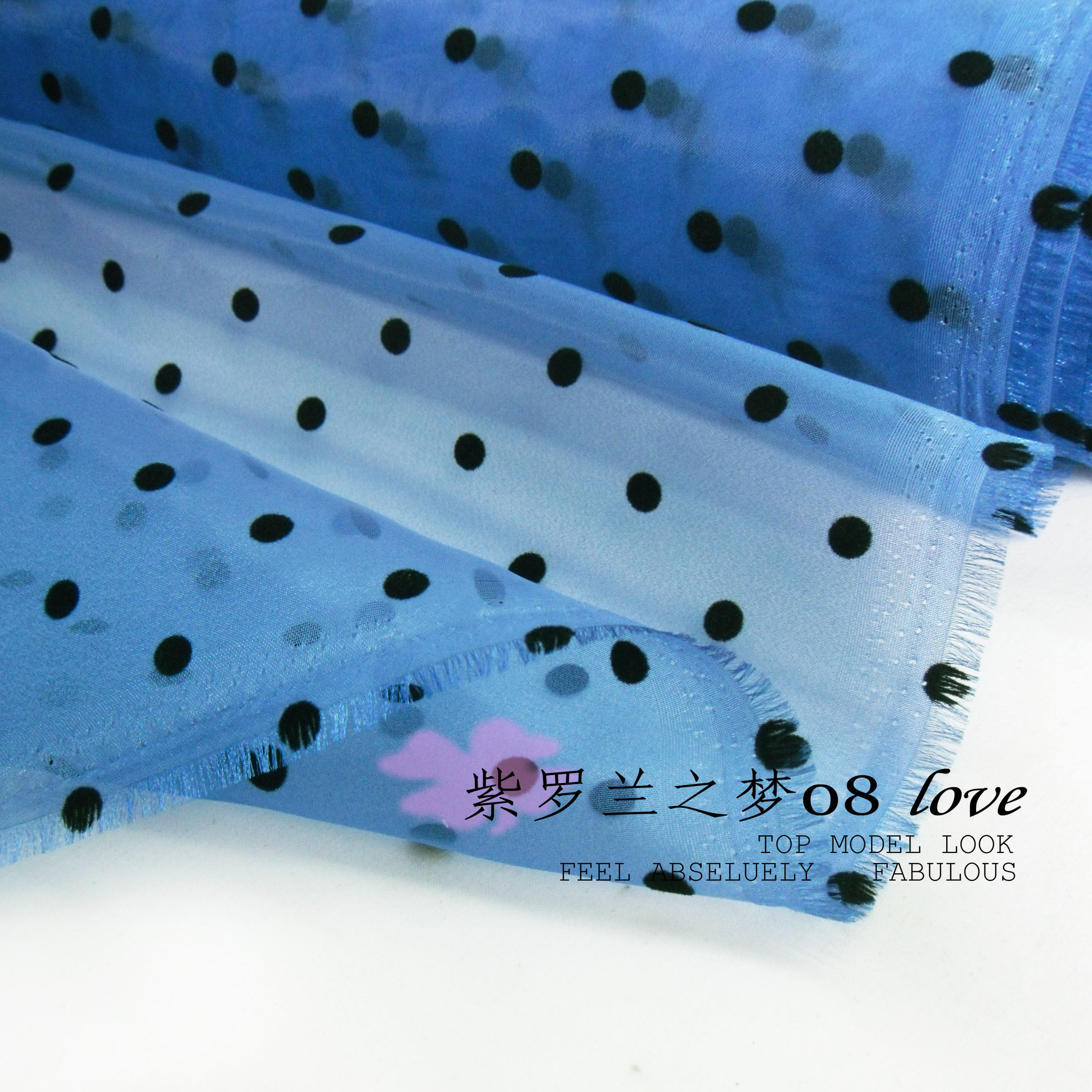 外贸宝蓝底黑点透明欧根纱婚纱裙子布黑点植绒水玉点玻璃纱面料