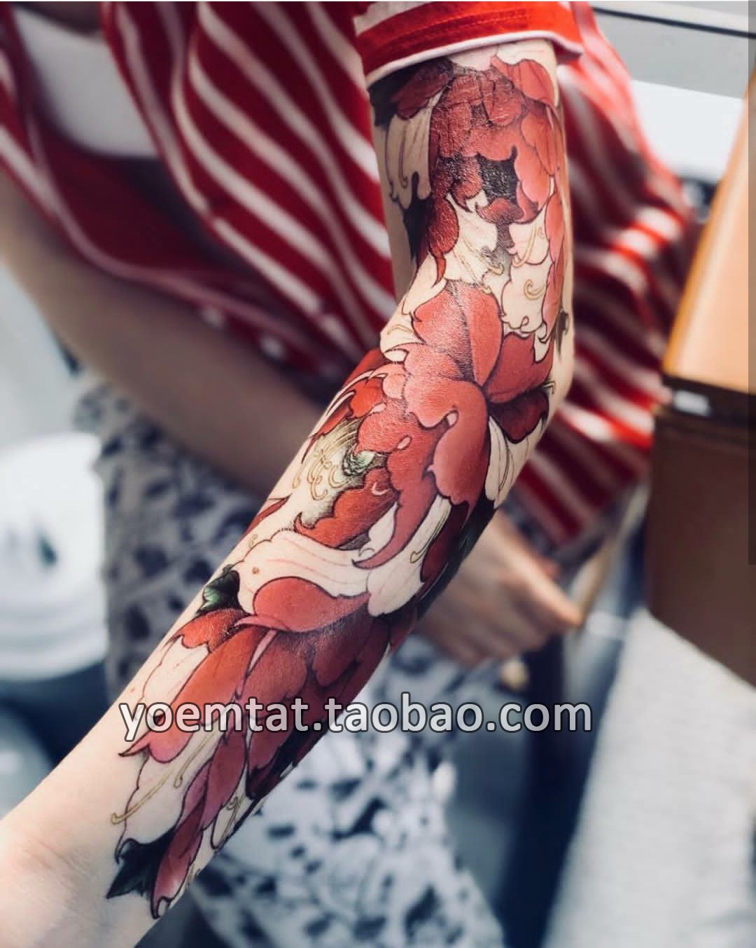 满19包邮 欧美防水tattoo刺青花臂全臂纹身贴 红莲花
