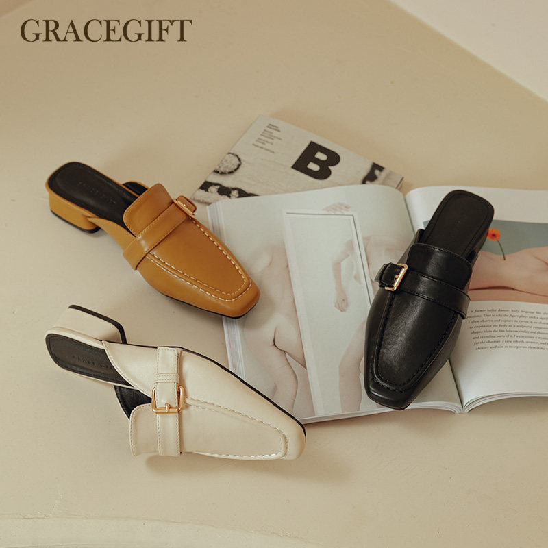 grace gift穆勒鞋女2022夏季新款皮带扣中低跟包头懒人包头拖鞋