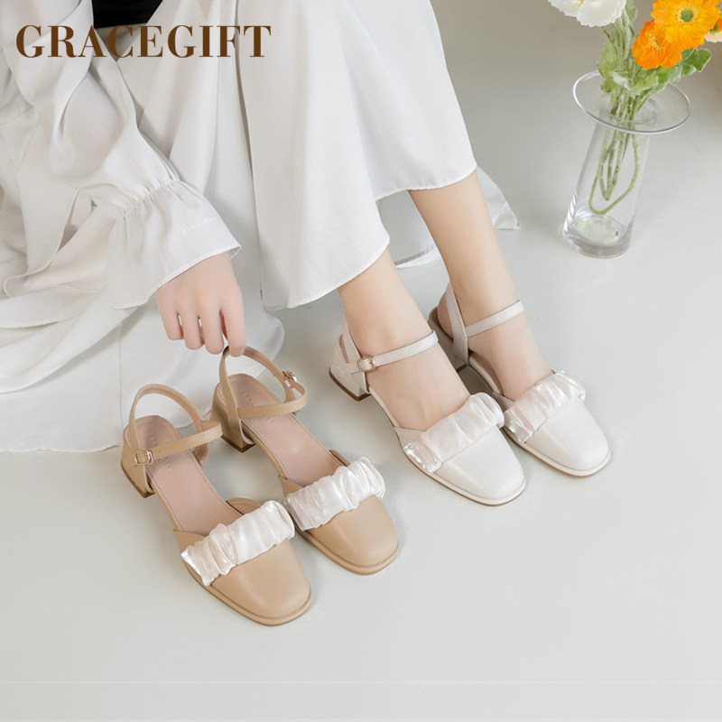 grace gift玛丽珍鞋女粗跟包头圆头中后空单鞋甜美复古女鞋中跟