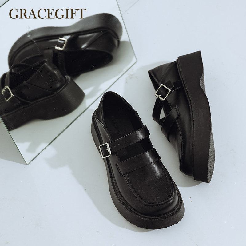 grace gift玛丽珍鞋女厚增高底圆头单鞋两穿踩脚扣带甜美jk小皮鞋