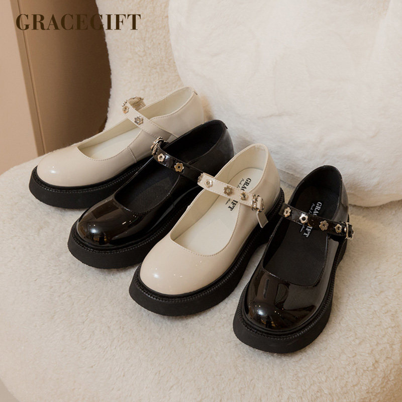 grace gift玛丽珍鞋女春秋季新款厚底粗跟圆头法式复古小众小皮鞋